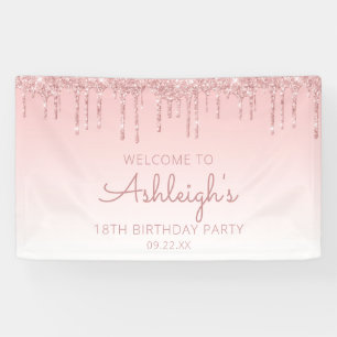 Lona Fiesta de cumpleaños 18 Girly Pink Glitter Drip