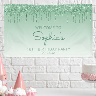 Lona Fiesta de cumpleaños 18 Glam Green Glitter Drip