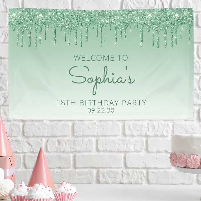 Lona Fiesta de cumpleaños 18 Glam Green Glitter Drip (Subido por el creador)