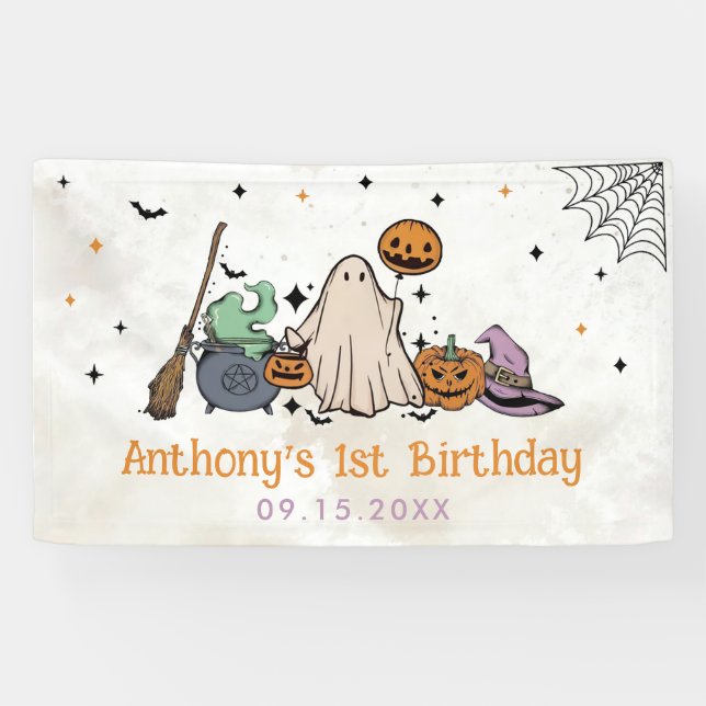 Lona Fiesta de cumpleaños 1 de Halloween (Horizontal)