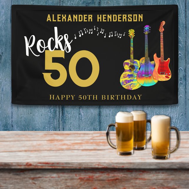 Lona Fiesta de cumpleaños 50 de Rock and Roll para él (Rock and roll 50th birthday party banner funky guitars personalized for him gold and Black)