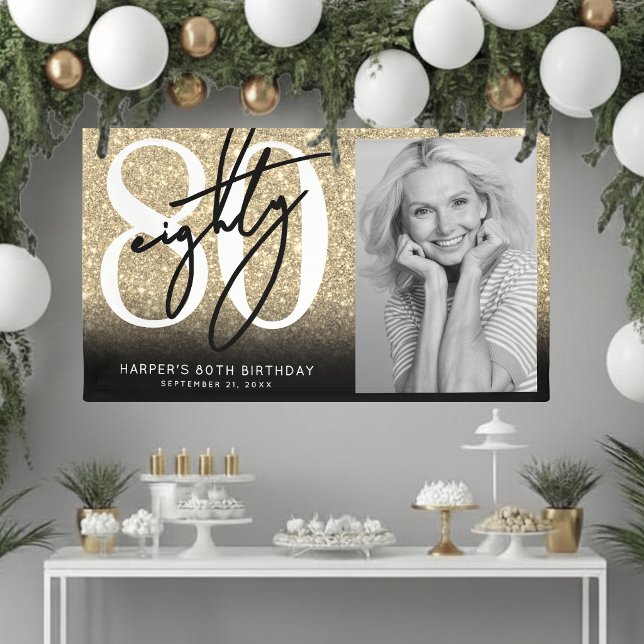 Lona Fiesta de cumpleaños 80 con brillo dorado (Gold Glitter 80th Birthday Party Banner)