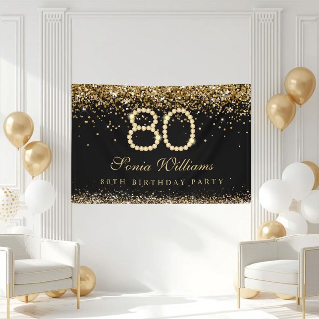 Lona Fiesta de cumpleaños 80 de Glam Gold Diamonds (Gold Diamonds 80th Birthday Party decoration banner)