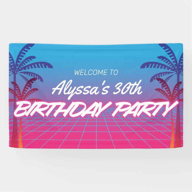 Lona Fiesta de cumpleaños azul neón rosa retro 80 (Horizontal)