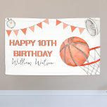 Lona Fiesta de Cumpleaños de Baloncesto para Niños con<br><div class="desc">¿Estás planeando una fiesta de cumpleaños para tu hijo que ama el baloncesto? ¡Consigue que tus invitados se emocionen con esta bandera temática de baloncesto de Party Swirl! Este diseño llamativo presenta un fondo blanco clásico con una pelota de baloncesto naranja de acuarela, un aro de baloncesto, banderines y un...</div>