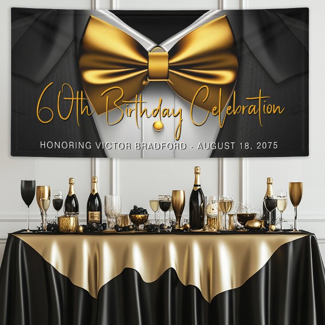 Lona Fiesta de cumpleaños de Black Gold Tuxedo para hom (Mens black and gold party, event banner with black tuxedo and gold bow tie. Simply add your details.)