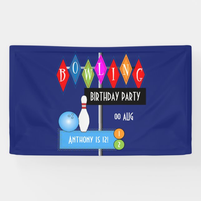 Lona Fiesta de Cumpleaños de Bolos Retro Azul Real (Horizontal)