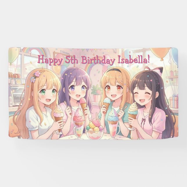 Lona Fiesta de Cumpleaños de Chica de Anime Personaliza (Horizontal)