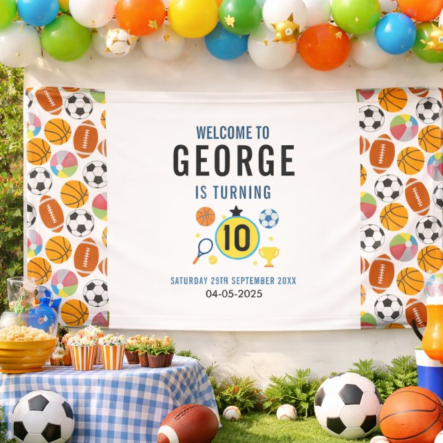 Lona Fiesta de Cumpleaños de Deportes Modernos para Niñ (Boys Modern Sports Birthday Party | Game Day Theme banner)