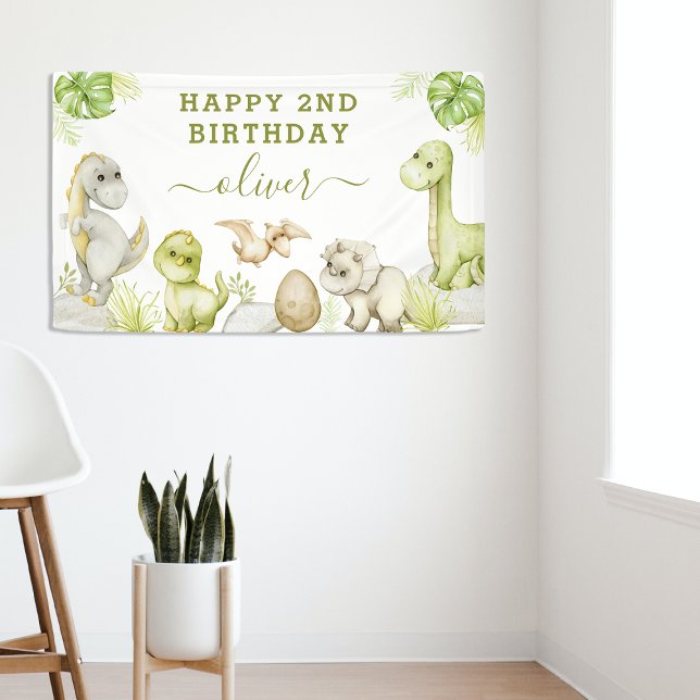 Lona Fiesta de cumpleaños de dinosaurio con acuarela pa (Subido por el creador)