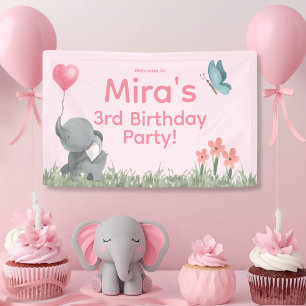Lona Fiesta de Cumpleaños de Elefante Rosa y Femenina L