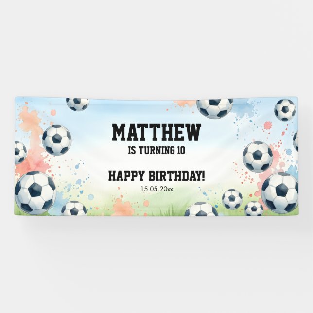 Lona Fiesta de Cumpleaños de Fútbol con Acuarela para N (Horizontal)