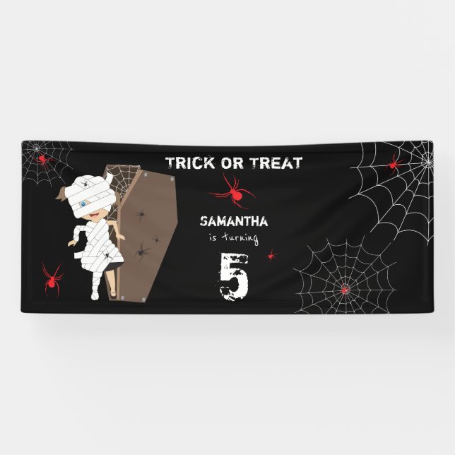 Lona Fiesta de cumpleaños de Halloween, Chica del ataúd (Horizontal)