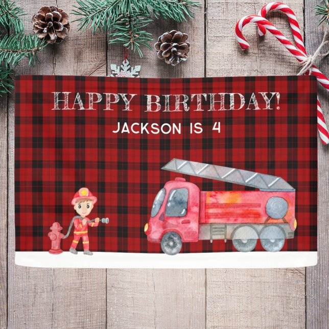 Lona Fiesta de cumpleaños de los chicos de bomberos Nav (Fireman Christmas Firetruck Boys birthday Party Banner Modern Firefighter birthday red black flannel)