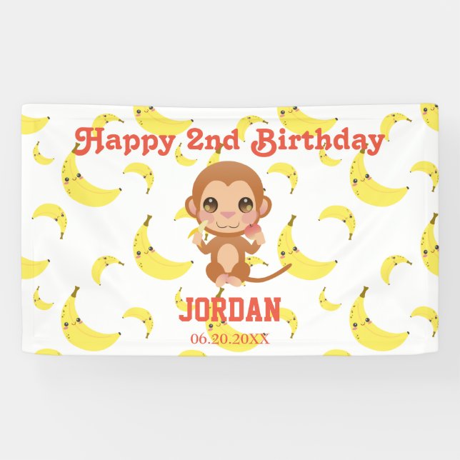 Lona Fiesta de cumpleaños de monos personalizada (Horizontal)
