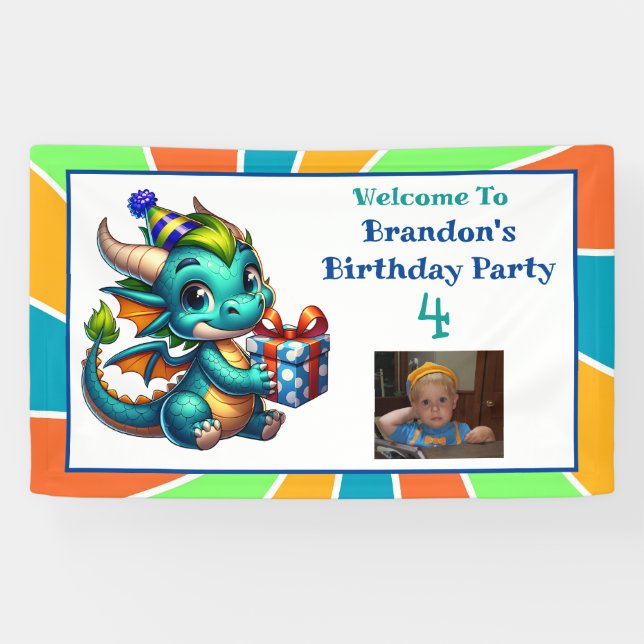 Lona Fiesta de cumpleaños de niño con tema de dragón (Horizontal)