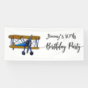 Lona Fiesta de cumpleaños de niños con biplano azul y a