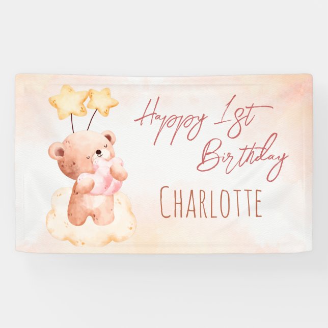 Lona Fiesta de cumpleaños de oso dulce personalizada (Horizontal)