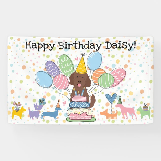 Lona Fiesta de Cumpleaños de Perro Goldendoodle de Choc (Horizontal)