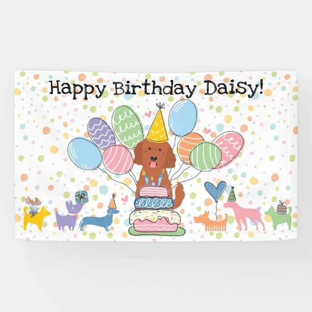 Lona Fiesta de Cumpleaños de Perro Goldendoodle Rojo (Horizontal)