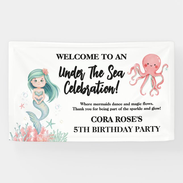 Lona Fiesta de Cumpleaños de Sirena Bajo el Mar (Horizontal)