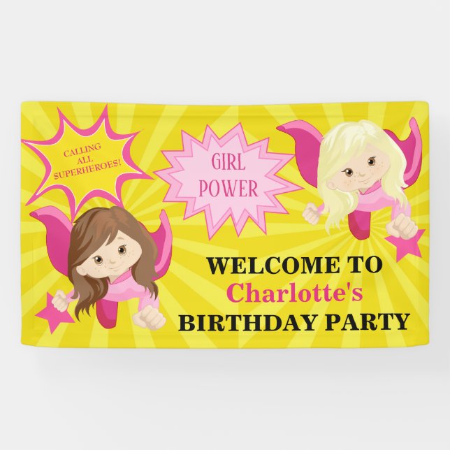 Lona Fiesta de cumpleaños de superhéroes Chicas de colo (Horizontal)