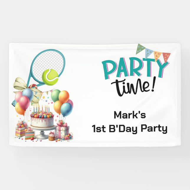 Lona Fiesta de cumpleaños de tenis para jugador (Horizontal)
