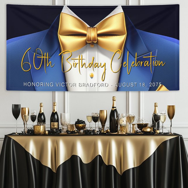 Lona Fiesta de cumpleaños de Tuxedo Blue Gold para homb (Mens blue and gold birthday party and event banner. Simply add your event details as needed.)