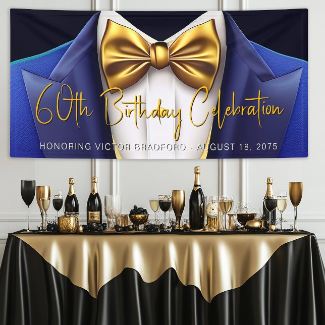 Lona Fiesta de cumpleaños de Tuxedo Royal Gold para hom (Mens royal blue and gold birthday party banner. Simply add your text for your event.)