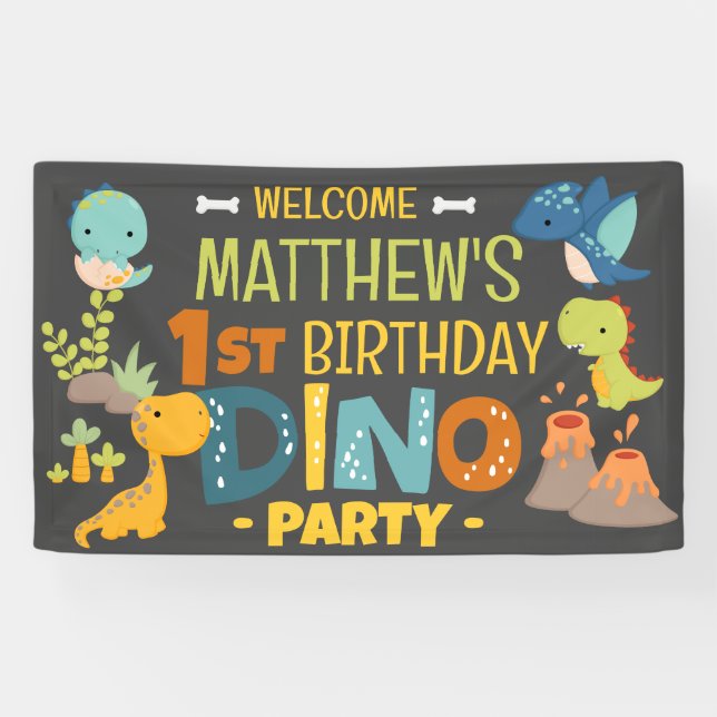 Lona Fiesta de cumpleaños de un niño de dinosaurio chin (Horizontal)
