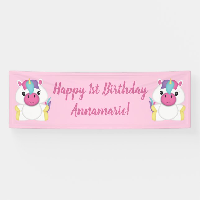 Lona Fiesta de Cumpleaños de Unicornio Rosa (Horizontal)