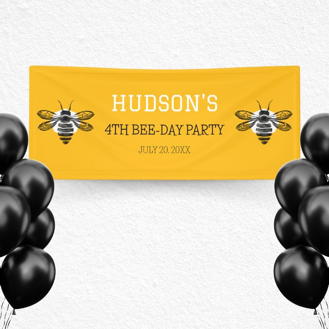 Lona Fiesta de Cumpleaños del Día Moderno de la Abeja A (Modern Yellow Bee Day 4th Fourth Birthday Party Banner)