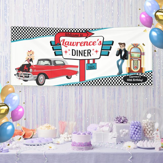 Lona Fiesta de cumpleaños del partido Diner Retro de lo (Diner Birthday Banner)