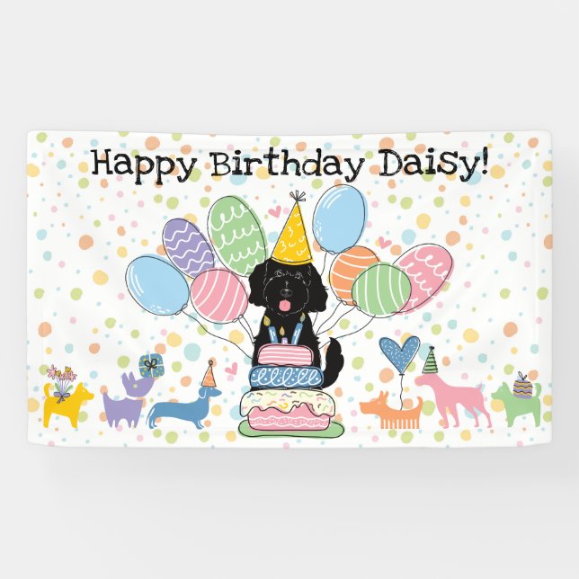 Lona Fiesta de cumpleaños del perro Goldendoodle negro (Horizontal)