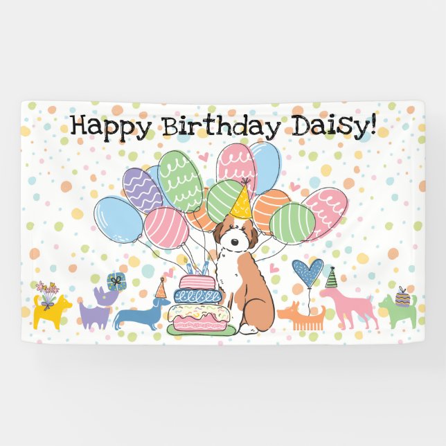 Lona Fiesta de cumpleaños del perro Sable Aussiedoodle (Horizontal)