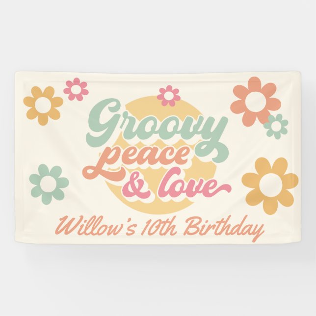 Lona Fiesta de Cumpleaños Flores Groovy 60's 70's Cualq (Horizontal)