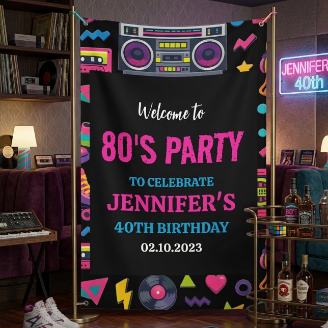 Lona Fiesta de Cumpleaños Moderna Retro Neon de los 80  (Modern Retro Neon 80’s Birthday Party for Adults Banner
)