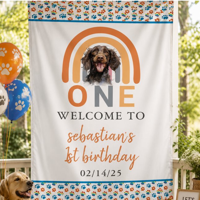Lona Fiesta de cumpleaños número 1 con perro adorable e (Adorable Dog Rainbow Watercolor 1st Birthday Party Banner)