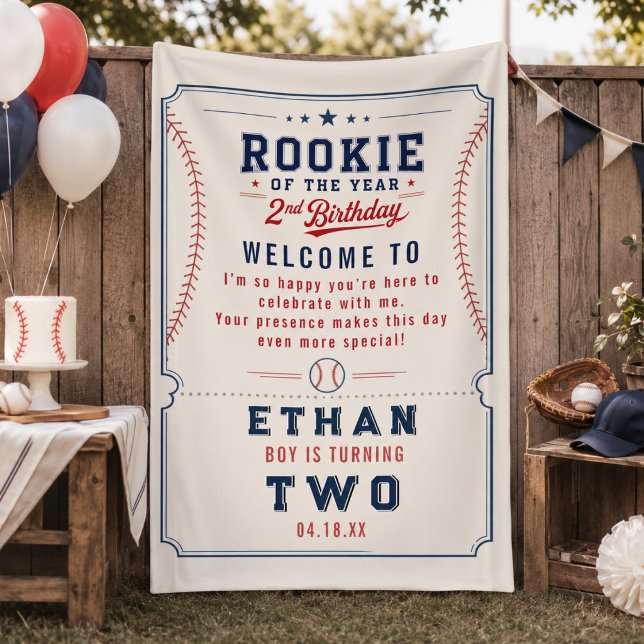 Lona Fiesta de cumpleaños número 2 de Novato del Año Bé (Rookie of the Year Baseball 2nd Birthday Party Banner
)