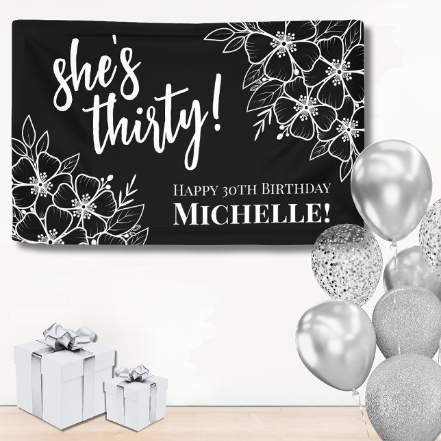 Lona Fiesta de cumpleaños número 30 (Thirty Black And White 30th Birthday Party Banner )