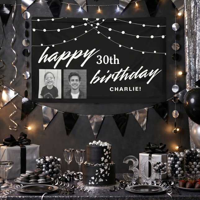 Lona Fiesta de Cumpleaños número 30 con Fotos Modernas  (Banner shown in 3 by 5 feet. Personalize with pictures and name. Choose size.)