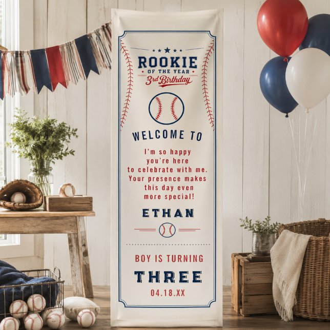 Lona Fiesta de cumpleaños número 3 de Béisbol Novato de (Rookie of the Year Baseball 3rd Birthday Party Banner
)