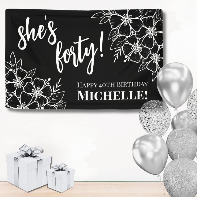 Lona Fiesta de cumpleaños número 40 de Forty Black Whit (Forty Black White 40th Birthday Party Banner)