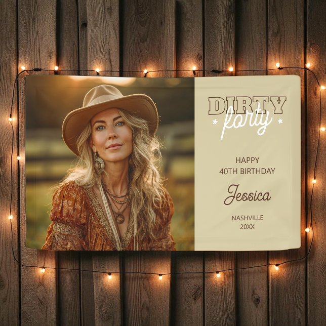 Lona Fiesta de cumpleaños número 40 de Western Dirty Fo (Western Dirty Forty Photo 40th Birthday Party Banner)