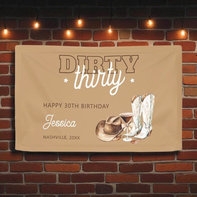 Lona Fiesta de cumpleaños número treinta Western Countr (Western Country Dirty Thirty 30th Birthday Party Banner)