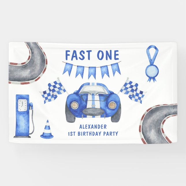 Lona Fiesta de cumpleaños número uno con tema de auto d (Horizontal)