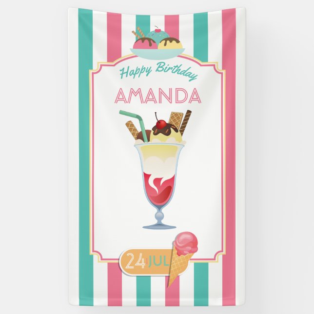 Lona Fiesta de cumpleaños personalizada de helado (Vertical)