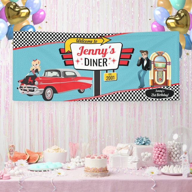 Lona Fiesta de Cumpleaños Retro con Comida de los 50 en (diner birthday banner)