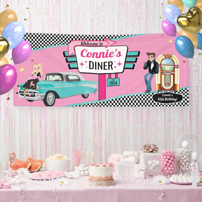 Lona Fiesta de Cumpleaños Retro de Comedor de los 50 co (Diner Birthday Banner)