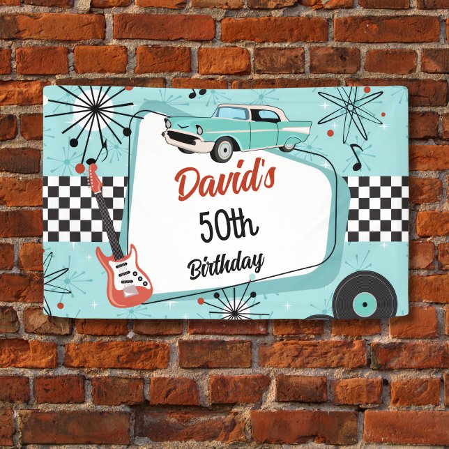 Lona Fiesta de cumpleaños retro de los 50 en rojo y azu (1950s Retro Birthday Banner)